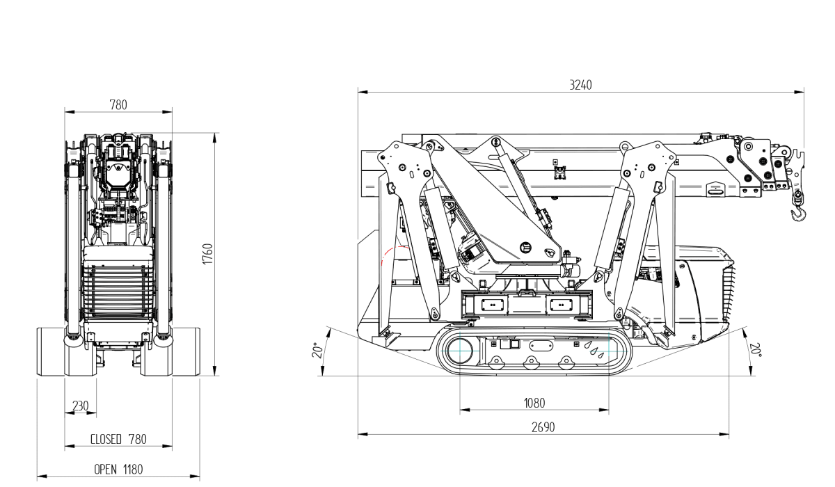 Afmetingen van de BG-Lift M250 minihijskraan